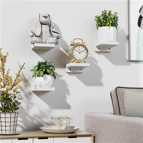 Small Floating Shelves Wall Mounted, 4 Inch Wood Shelf  Set of 4 (Washed White) - Picture 4 of 5